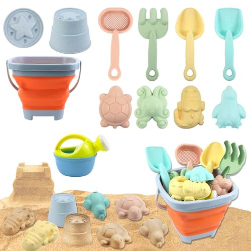 Qcdou Sandspielzeug Set, 11 Stück Sandspielzeug für Kinder, Sandkasten Spielzeug mit Faltbarer Eimer, Outdoor Spielzeug, Silikon Sandspielzeug ab 2 3 4 5 Jahre Mädchen Junge(Orange)