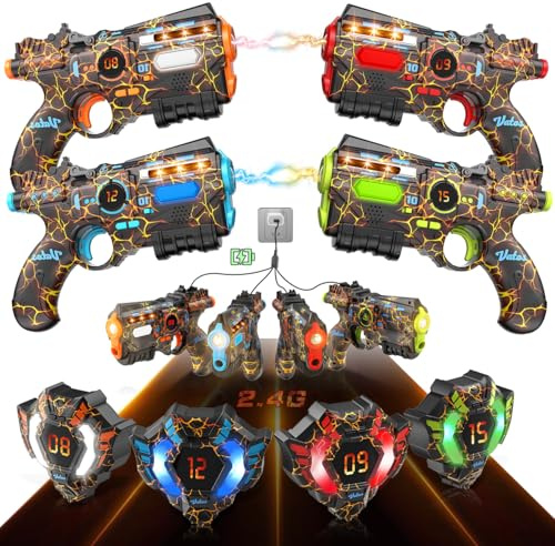 VATOS Laser Tag Ricaricabile 4 Giocatori - 4 Pistole e 4 sensori di Giacca completamente sincronizzati con i dati 2.4GHz - Giocattoli e idee di compleanno Laser Tag Gun per Bambini