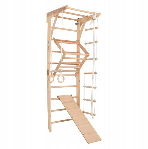 Kletterwand für Kinder und Erwachsene mit höhenverstellbarem Reck-Indoor Klettergerüst aus Holz - Wand-Reck, Stange, Gymnastik-Ringe, Kletterseil, beidseitiger Kletterrampe