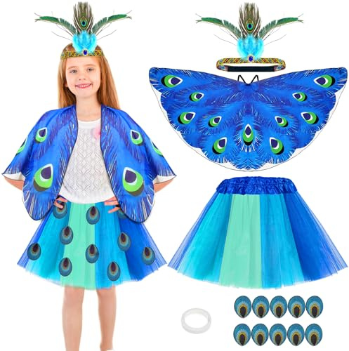 Påfågel prinsesskostym för barn, vingkostym barn, 5 stycken påfågel axelband hårbälte tyllkjol klistermärken djur fairy kostym för halloween karneval cosplay flicka födelsedag