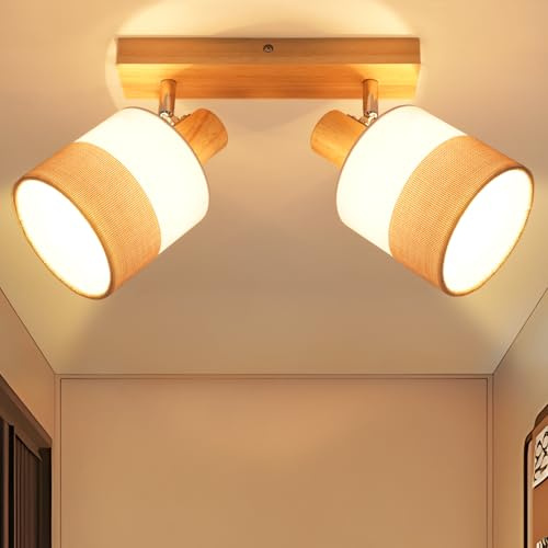 Glitzerlife LED Plafonnier 2 Spots - Lampe Couloir Bois E14 Spot De Plafond Vintage Tissu Orientable 350° Rétro Max.25W Chambre Cuisine, Sans Source Lumineuse