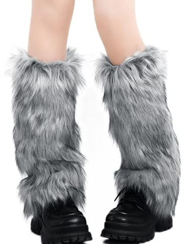AUNGCSHE 40 cm Beinstulpen Damen aus Kunstfell, beinwärmer, Winter leg warmers, fell stulpen, für Stiefel, Alltag, Fasching Mottoparty Verkleidung(Grau-Schwarz)