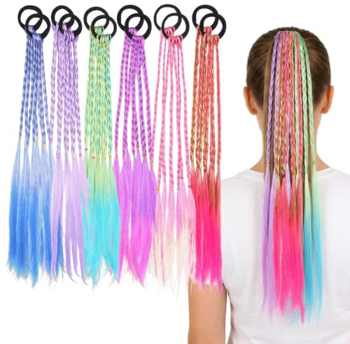 12 Extensions de Cheveux pour Tresses, Tresses Colorées avec Élastiques, Queue de Cheval Synthétique en Dégradé, Pour Fêtes, Spectacles, Noël, Festivals, Cosplay (Set A)