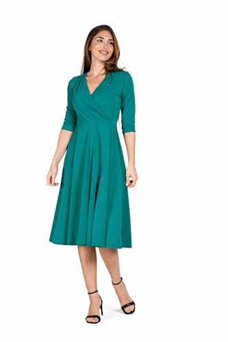 Julie d Orleac Vestido Mujer Midi Escote Pico Cruzado – Manga Francesa, Punto de Seda, Corte Debajo del Pecho, Elegante, Fabricado en España (FR/ES, Letras, L, Regular, Regular, Verde)