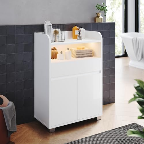 ELEGANT Slim Bathroom Floor Cabinet with Touch-Sensor LED Lighting | High Gloss Freestanding Storage Unit with Anti-Tip, Display Shelves, 2-Door & Drawer for Bathroom Living Room Entryway