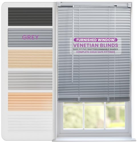 FURNISHED Jalousien für Fenster, PVC-Rollos leicht zu montieren, zuschneidbar, 25-mm Lamellen, kindersichere Montage, ideal für Küche/Wohnung - Grau 105W x 210L cm