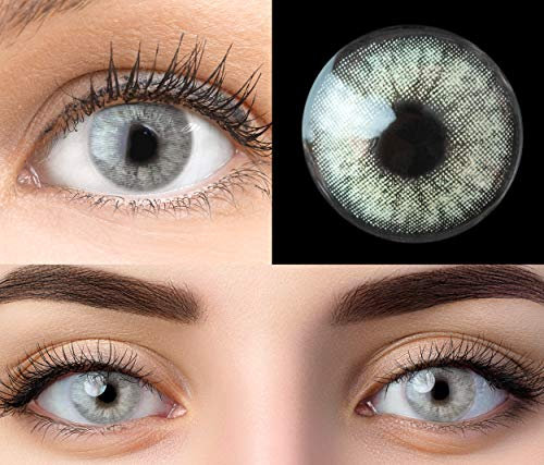 Glamlens lentilles de couleur grises naturelles colorées très haute opacité Keira Gray + étuis à lentilles de contact I 1 paire (2 pièces) I DIA 14,20 I sans correction I 0,00 Dioptries
