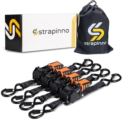 Strapinno 4 Stück einziehbare Ratschengurte, 2,5 cm x 1,8 m, sichere Spanngurte mit gummierten Stahlgriffen, S-Haken und langlebige Hardware für den täglichen Gebrauch mit Bruchfestigkeit – je 680 kg