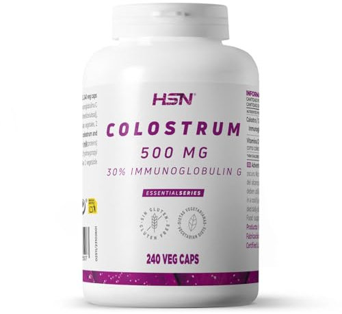 HSN Calostro 500mg (30% IgG) | 240 Cápsulas Vegetales | 2 Gramos Puro Calostro Bovino 600mg Inmunoglobulina G Activa por Dosis Diaria | con Vitamina D3 | No-GMO, Vegetariano, Sin Gluten