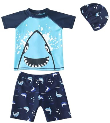 FedMois Boy Swim Set, 3 Pieces Set Swim Shirt + Swimming Shorts + Swimming Cap, Shark Blue, 5-7 Years