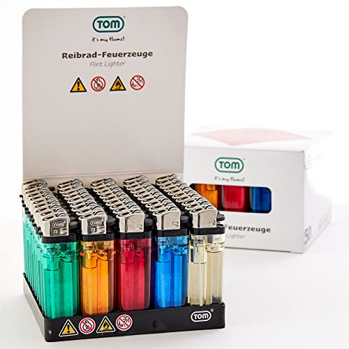 TOM 50/100 Stück Einwegfeuerzeuge mit Gas befüllt – Reibradfeuerzeuge Set in 5 Farben in praktischem Display – Gasfeuerzeug – Einwegfeuerzeug – Feuerzeug (100 Stück)