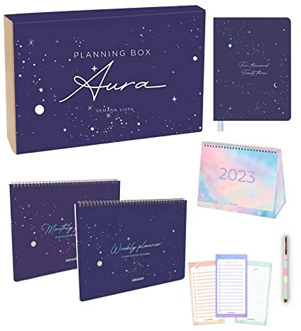 Takenote - Planning box - Agenda 2023 Semaine Vista - Coffret cadeau - Agenda annuel, planificateur hebdomadaire et mensuel, calendrier de table 2023, Checklist et Pen - Aura