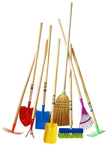 Rekord Kinder Gartengeräte Set 9-teilig Schaufel, Spaten, Rechen, Besen, Laubbesen, Grubber, Doppelhacke - Metall, Holz-Stiel (76cm) Gartenspielzeug, Kinder-Gartenwerkzeug