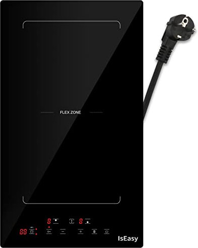 IsEasy - Placa de inducción con 2 luces empotrables, mesa de cocción eléctrica de 3400 W, 2 Boosters, temporizador, zonas flexibles, parada de coche, cerradura infantil, color negro