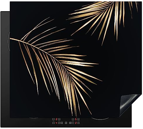KitchenYeah© Herdabdeckplatte Einteilig Küche Ceranfeld Abdeckplatte | 60x52 cm - Cerankochfeld Abdeckung Induktionskochfeld Schutzmatte Blätter - Pflanzen - Gold - Schwarz - Luxus