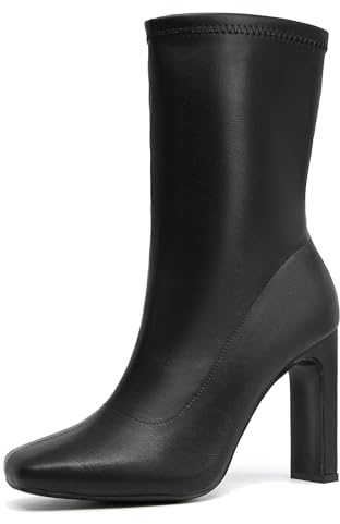 NEWBELLA Women's Classic Square Toe Heeled Boots - Side Zipper Vegan Leather Booties with Non-Slip Rubber Sole for Office & Winter (Black-2, 8, Adult, Women, 8, Numeric, US Footwear Size System, Medium)