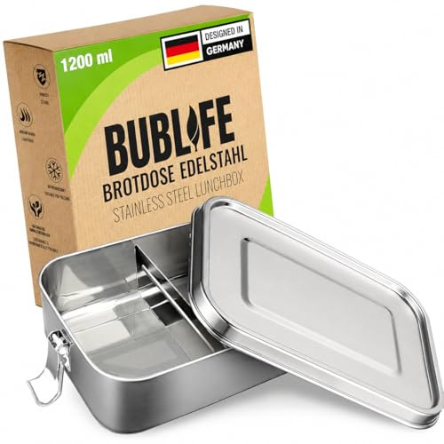 Bublife Brotdose Edelstahl mit Trennfächern 1200 ml, Silber