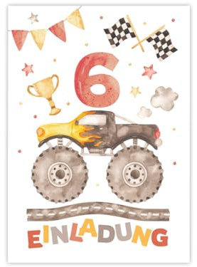 Minkocards 12 Einladungskarten zum 6. Kindergeburtstag Jungen Monster-Truck Auto Einladungen zum sechsten Geburtstag Kinder bunte Geburtstagseinladungen