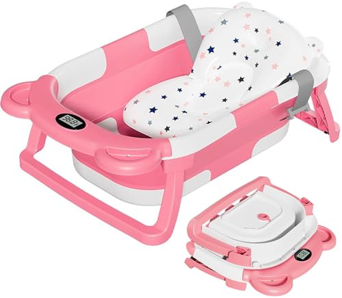 TPN Hopfällbart babybadkar för spädbarn till småbarn med temperaturmonitor i realtid + flytande kudde, hopfällbart set för baby tillämpligt 0–36 månader, perfekt bärbart resebabybadkar för nyfödda
