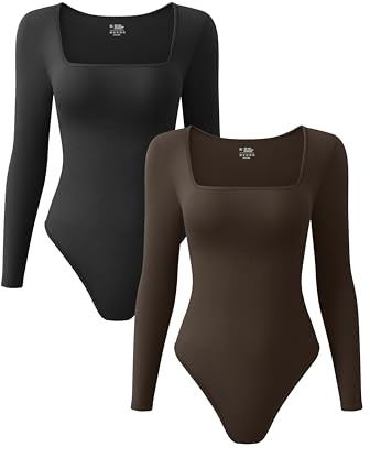 OQQ Women's 2 Piece Bodysuits Sexy Ribbed One Piece Square Neck Long Sleeve Tops Black Darkbrown