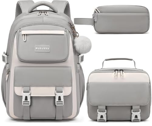Makukke Schulrucksack Mädchen Teenager Rucksack Schule Schulranzen-Set, Schultasche Jungen Multi-Tasche Wasserdicht Schulranzen School Bag für Mädchen Damen,30L Grau Rucksack