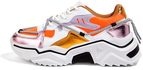 LUCKY STEP Damen Plateau Sneaker Bunte Retro Chunky Dad Schuhe Modische Farbblock Turnschuhe für Alltag & Spaziergänge (Weiß/Orange, 8US-38EU-5UK)