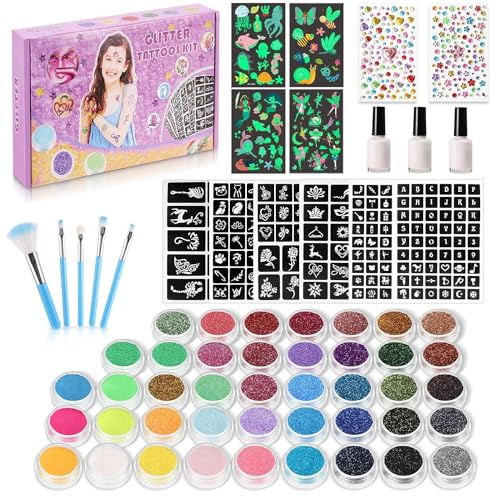 Glitter tatueringsset för flickor och vuxna – 42 färger, tillfälliga tatueringar, 215 strass, 204 stenciler, 24 glitterpulver, 3 lim, 5 borstar
