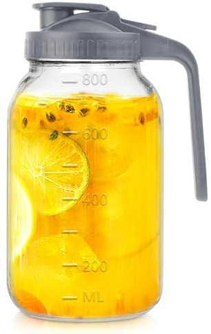 WEILAIDI Wide Mouth Mason Jars 32 oz with Pour Spout Lids,1 Quart Glass Pitcher with Lid, Double Leak Proof Breast Milk Pitcher for Fridge, Coffee, Water, Iced Tea (Gray)