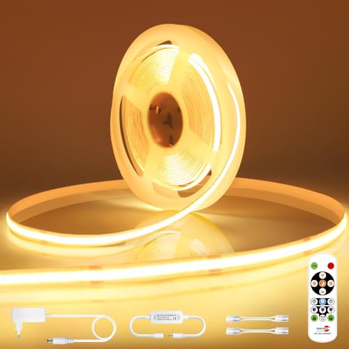 Öuesen Tira LED COB 5M Blanco Calido 3000K, COB tira de LED 24V Regulable, tira de luz LED autoadhesiva IP44 impermeable con Mando a distancia y fuente de Alimentación, Tira LED para TV, Cocina, Sala