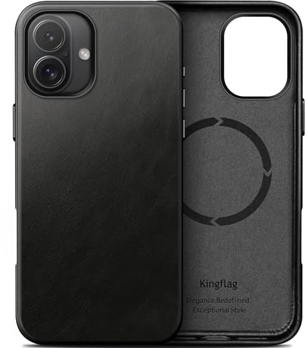kingflag Lederhülle für iPhone 16 6,1 Zoll aus Argentinien importiertem | Ölgewachstem Vollnarbenleder, Kompatibel mit MagSafe & extra dünn (Schwarz)