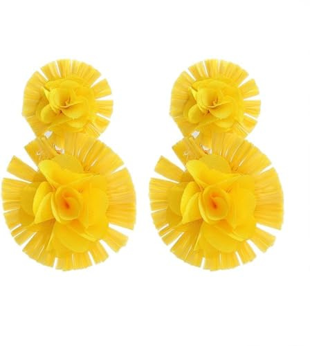 TOFBS Handgefertigte Blumen Ohrringe Raffia Stoff Doppelkreis Tropfen Ohrhänger Naturmaterial Damen Schmuck Statement Accessoires
