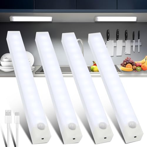 Arotelicht Unterbauleuchte Küche LED, 4 Stück 20CM Schrankbeleuchtung Dimmbar, Lampe Akku USB Schranklicht mit Bewegungsmelder, Lichtleiste Kabellos Leiste Aufladbar Batterie Schrank Light, Kaltweiß