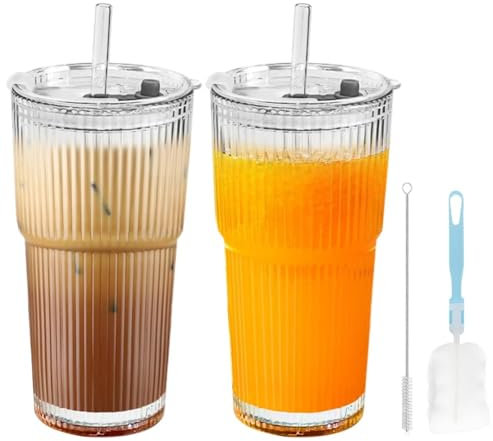 Piashow Pack of 2 Drinking Cups with Lid and Straw, Bubble Tea Cups, Matcha Glass, Coffee Glasses, Glass Cups, Smoothie Cups for Iced Coffee, Matcha, Cocktail, Juice, Cappuccino, Latte, Tea (600 ml)
