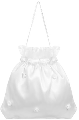 MAGICLULU Satin-Geldbörse mit Kordelzug, mit Blume, weiß, für Braut, Brautjungfer, Satin, Blume, verziert, Dolly Bag für Hochzeit, Gastgeschenk, Party, weiß, 22.00X21.00X0.50CM