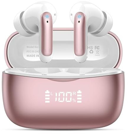 WeurGhy Ecouteurs Bluetooth sans Fil, Casque Bluetooth 5.3 avec HiFi Basses Immersives, 56H Ecouteurs sans Fil avec 4 ENC Mic, Écran LED, Contrôle Tactile, (Or Rose)