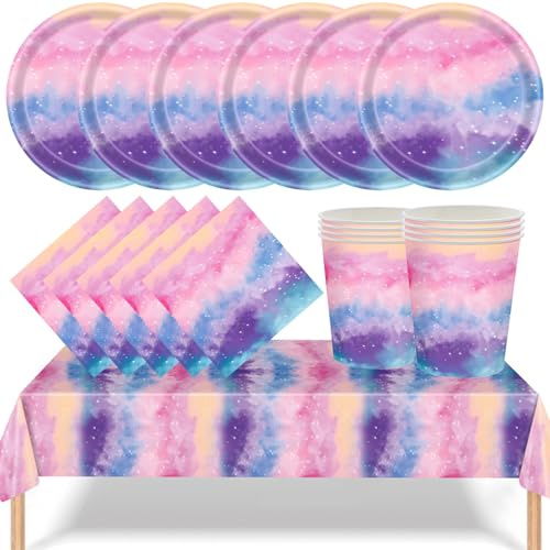 MORAINJAY 53 Pièces Arc en Ciel Vaisselles Fête Anniversaire,Pastel Arc-en-Ciel Thème Vaisselle Kit avec Assiettes Papier Tasses Serviettes Nappe,Fournitures de Fête Décoration Table 16 Invités