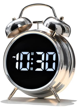 joujong Loud Alarm Clock for Heavy Sleepers Adults, Teens,Kids,Retro Metal Twin Bell 4 Inch,Large Big Numbers Display with Backlight, Small Bedside Digital Clock for Bedrooms (Silvery)