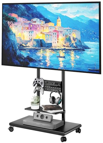 ECOTINY TV Ständer Rollbar mit Vielseitiger Aufbewahrungs Stecktafel für 50-90 Zoll Fernseher bis zu 70 KG, Fernsehständer mit Rollen Höhenverstellbar Neigbar mit Ablagefächern, MAX VESA 600 x 400 mm