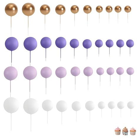 40 PCS Cake Balls Decoration, Ball Cake Decorations, Suitable for Birthday Parties Baby Showers Weddings and Other Special Occasions(Gold colour White Dark Purple Light Purple)