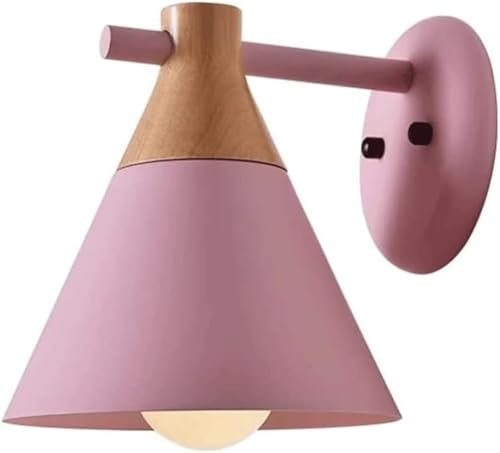 HTERWQEA Modern Metal Wall Lamp Creative Color Lampshade Wall Light Wooden Decorative Wall Lantern E26/E27 Base Light Source Wall Sconce Wall-Mounted Lighting Fixture for Bedroom Dining Room(Pink)
