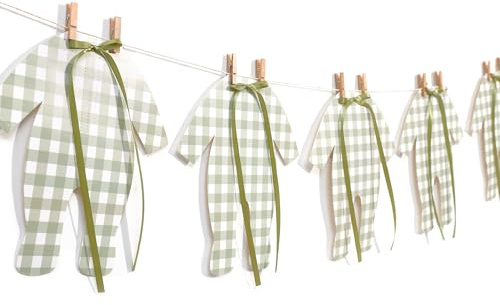 Green Gingham Baby Onesie Garland – 8 PCS Big Size Neutral Baby Shower Banner, Baby Clothesline Garland, Green Plaid Baby Bodysuit Cutouts for Gender Neutral Baby Shower or Nursery Decor