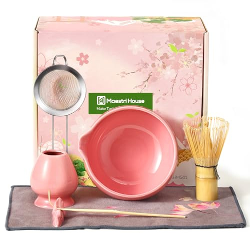 Maestri House Matcha Whisk Set, 7 Pcs of Ceramic Matcha Kit, Includes Matcha Bowl, Matcha Whisk and Holder, Tea Scoop, Scoop Rest, Steel Sifter and Tea Cloth - Gift for Matcha Lovers and Family-Pink