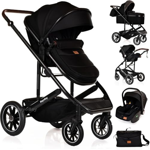Baby 3 in 1 Travel System Pram with Car Seat Stroller 3 in 1 Buggy Pushchair Child Lightweight Folding Stroller Pram for Newborns Toddlers from Birth (Black Black Frame)