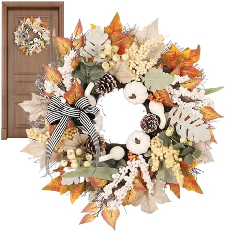 Autumn Wreath - 20 Inch Handmade Harvest Festival Maple Leaf & Pumpkin Vine Wreath Farmhouse Front Door Thanksgiving Decoration for Wall and Interior Decoration