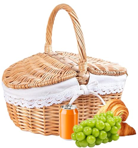 Cesta De Picnic De Mimbre con Tipo De Asa - Cesta De Vacía Tejida A Mano Mimbre - De Almacenamiento para Reuniones En Patio Escolar Camping Playa Descanso Jardín Fiestas Exteriores