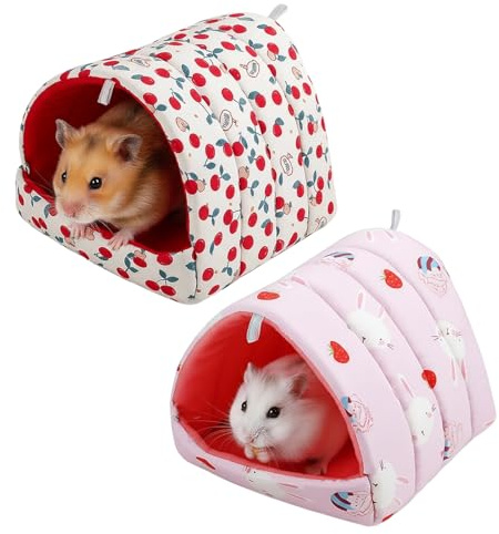 2 Stück Hamster Zubehör, Hamster Haus, Hamsterhaus, Wärmende Schlafplätze für Kleintiere, Zwei Stile Kirsche Muster Und Kaninchenmuster, M Größe für Andere kleine Tiere