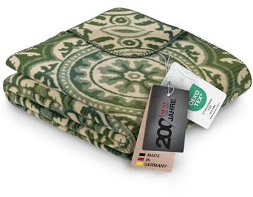 Ibena 1876 Exklusive Jubiläumsdecke 150x200 cm - Baumwollmischdecke weich, warm & waschbar - Made in Germany, Kuscheldecke grün mit Ornamenten