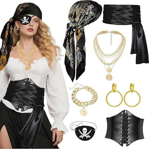 ITJMRJP Piratenkostüm Damen Zubehör Pirate Accessories Piraten Kostüm Frauen Zubehör Set mit Piraten kopftuch Piratin Schärpe Augenklappe für Karneval Halloween Cosplay(Schwarz)