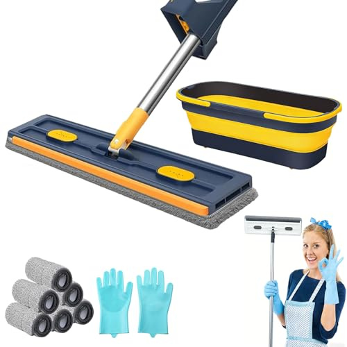 2026 Balai Serpillière Rotatif avec Technologie Essorage Intégré, Balai Serpillère avec Ou sans Seau, Tête Rotative 360° & Microfibre, Fini La Corvée De Nettoyage (1PC-Bleu, 6Pads+Seau)