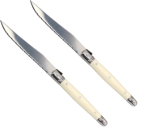 FJYXCHENXM 2 Pcs Steak Knives with Cream Riveted Handle | Stainless Steel, Serrated Edge Cutlery, Dishwasher Safe, For Home Kitchen, Dining and Restaurant Use